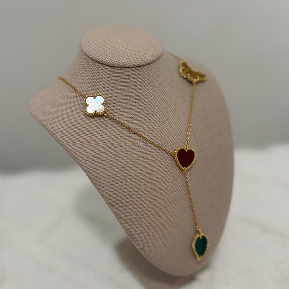 18K Gold Multi-Charm Necklace Clover, Heart, Butterfly & Leaf   (item #181) - Picture 2 of 7